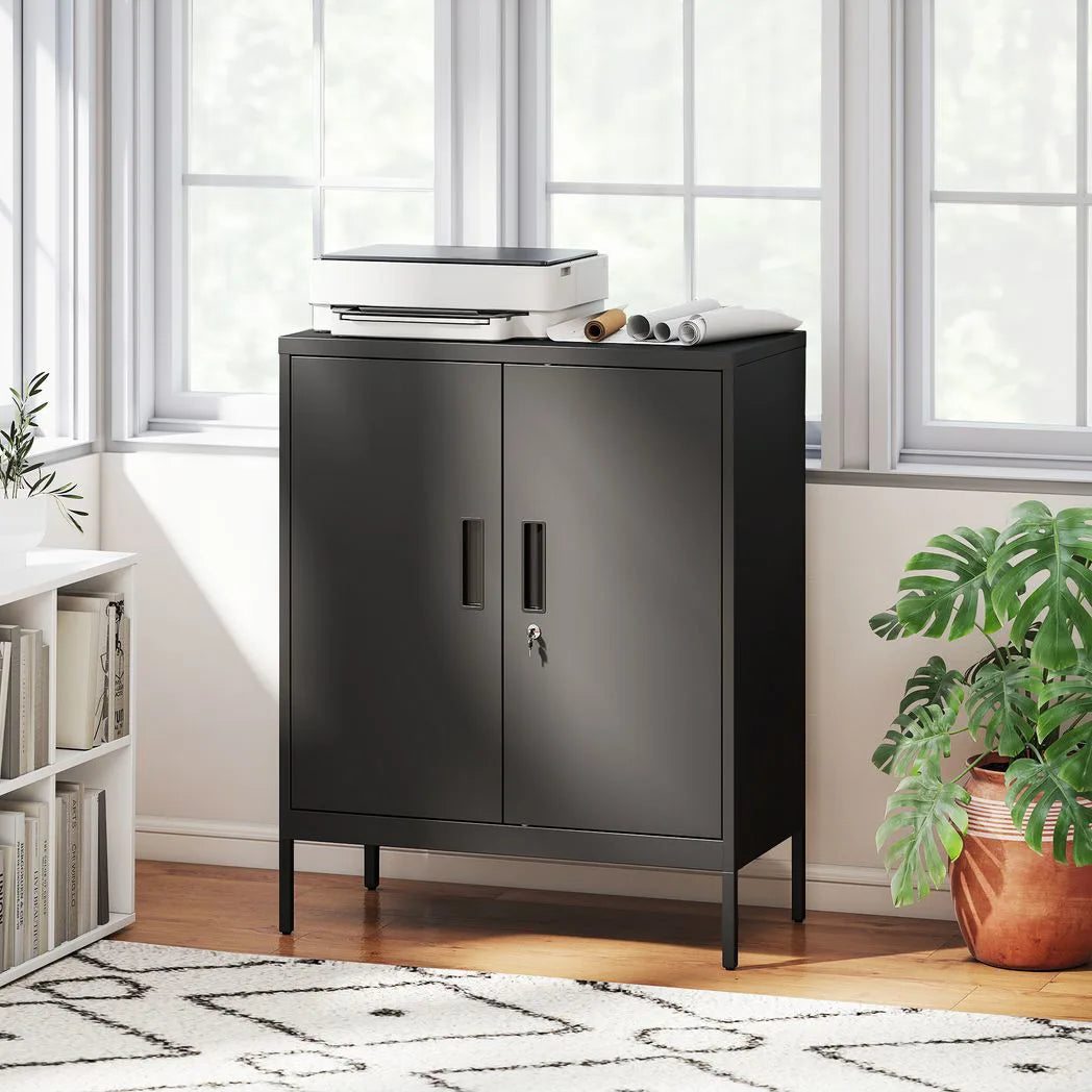 HOMCOM Metal Storage Cabinet with Lock and 2 Adjustable Shelves – Garage and Office Storage, Black