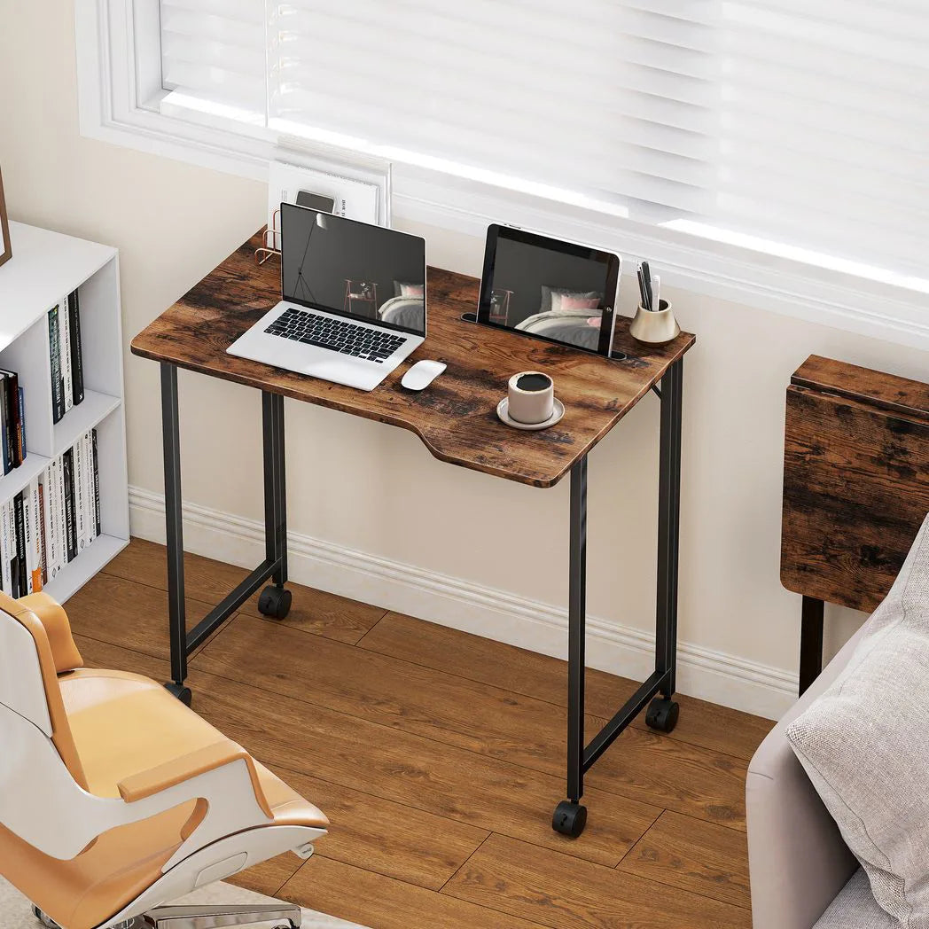 HOMCOM Folding Small Desk on Wheels – Space-Saving Computer Desk with Phone Slot, Rustic Brown