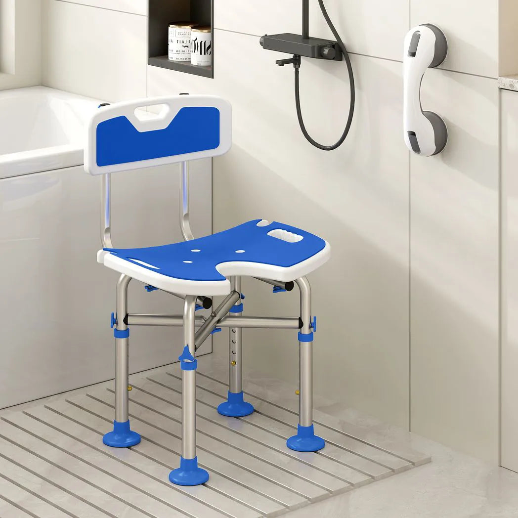 HOMCOM Shower Chair with U-Shaped Cutout, Padded Seat and Backrest, 150kg Capacity – Height Adjustable, Blue