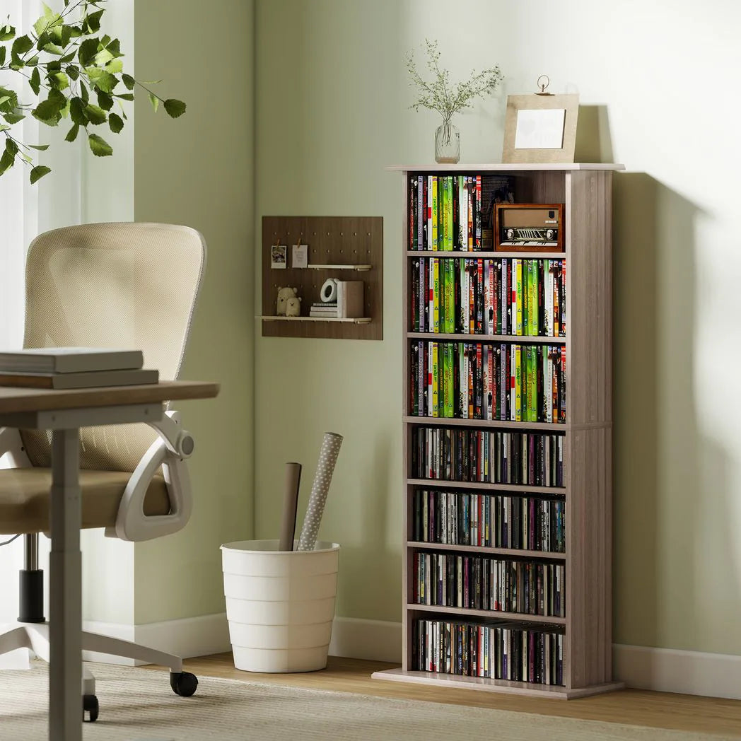 HOMCOM CD and DVD Storage Tower with 6 Adjustable Shelves, Holds 360 CDs – Natural Wood Finish