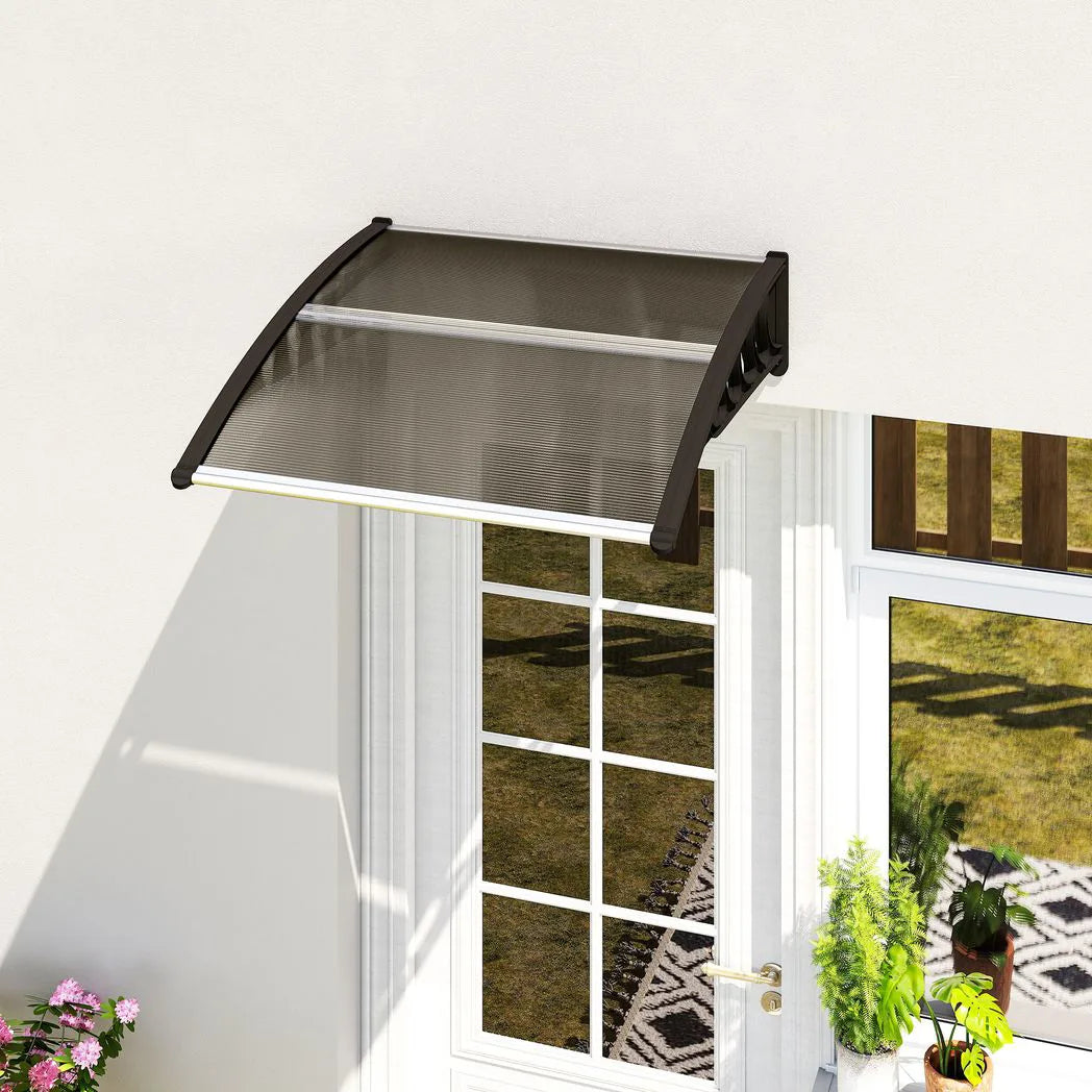 Outsunny Front Door Canopy with Polycarbonate Panels and Aluminium Frame, 103 x 96.5cm – Rain Shelter, Brown