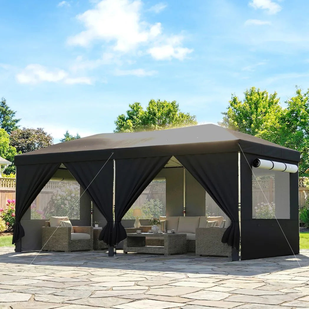 Outsunny 3 x 6m Pop Up Gazebo with 6 Sidewalls and Wheeled Bag, UPF 50, Black