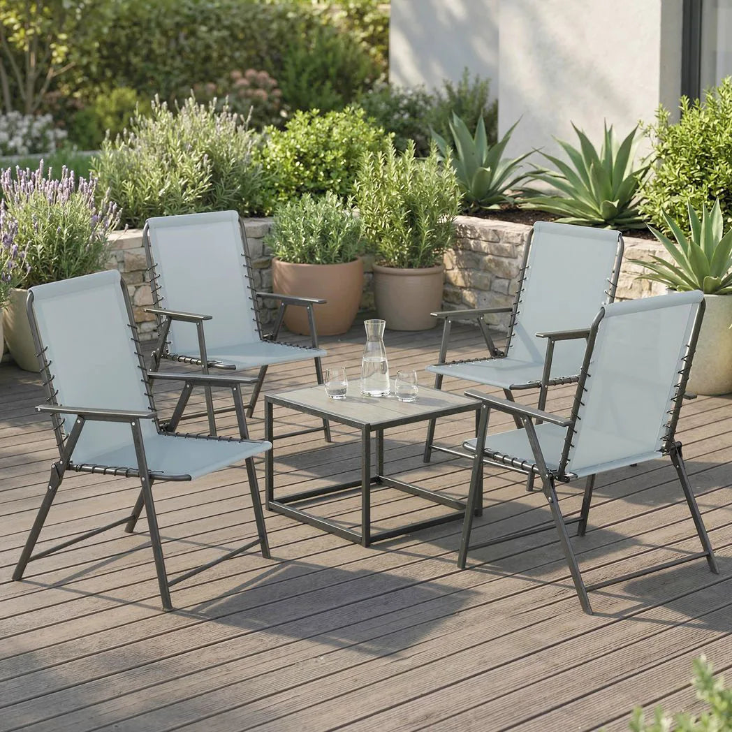 Outsunny Set of 4 Folding Garden Chairs with Breathable Texteline Seats and Armrests – Outdoor Dining, Light Grey