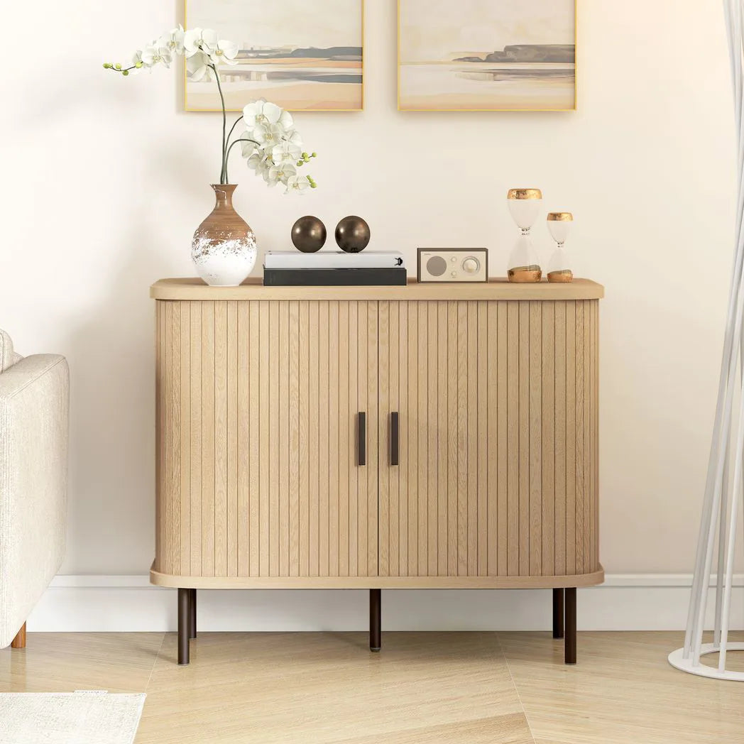 HOMCOM Mid-Century Sideboard with Slatted Tambour Sliding Doors & Steel Legs – Oak Tone