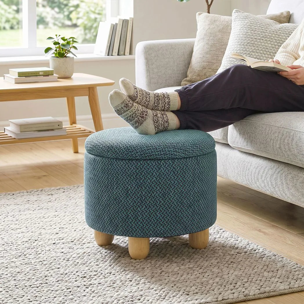 HOMCOM Round Storage Ottoman Bench with Reversible Lid and Rubberwood Legs, 19L – Footstool, Dark Blue