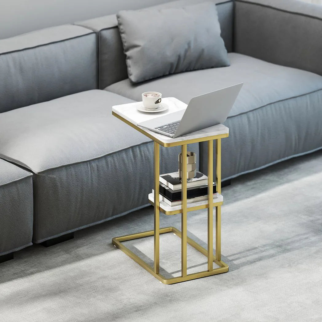 HOMCOM C-Shaped Narrow Side Table with 2-Tier Storage – Slim Sofa Table or Nightstand, White Marble Effect