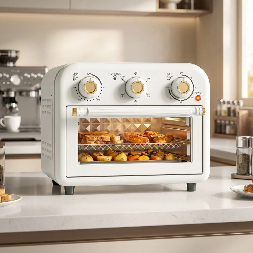 HOMCOM 12L Air Fryer Toaster Oven – Retro Convection Countertop Oven with Adjustable Temperature and Timer, Cream White