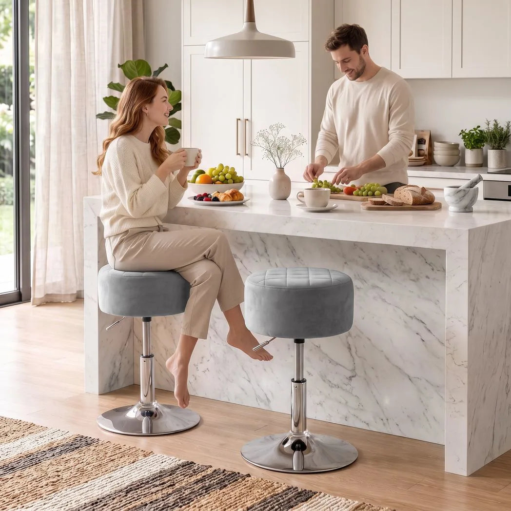 HOMCOM Adjustable Swivel Bar Stool with Velvet-Feel Padded Seat – Single Kitchen Breakfast Barstool, Grey