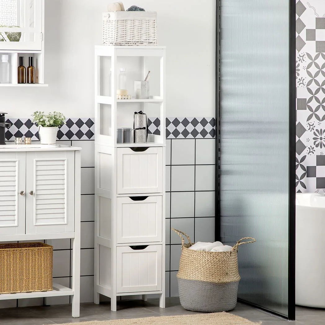 HOMCOM Narrow Floor Bathroom Cabinet with 3 Drawers and 2 Open Shelves – Slim Freestanding Storage, White