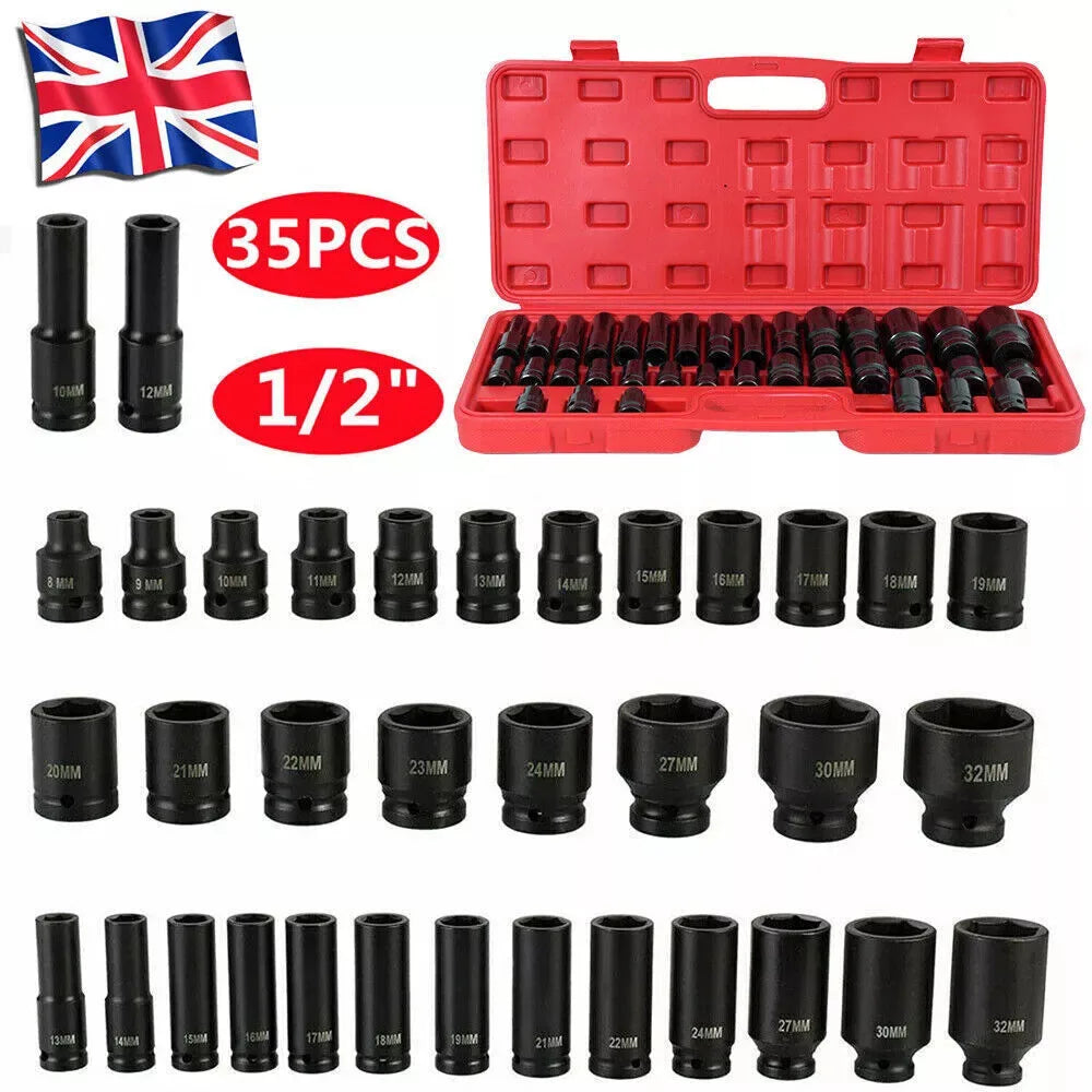 35 Piece 1/2 Inch Drive Deep Impact Socket Set, 8–32mm Metric – Chrome Molybdenum Steel with Storage Case