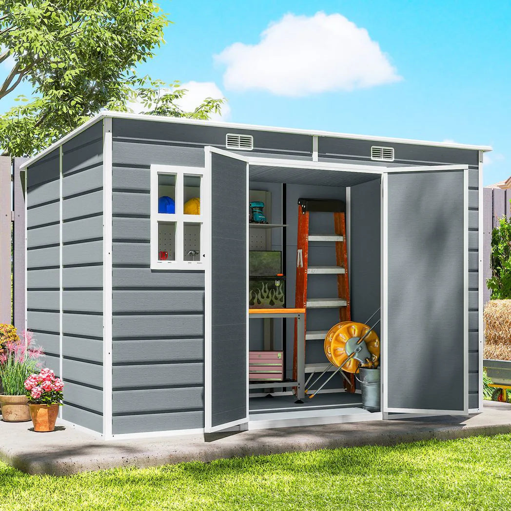Outsunny 10 x 6ft Resin Garden Shed with Floor, Windows, Lockable Doors and Vents – Outdoor Storage, Grey
