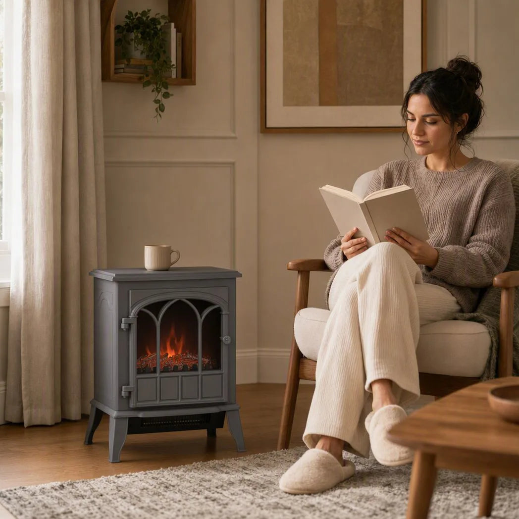 HOMCOM Freestanding Electric Fireplace with LED Flame, 1000W/2000W Log Burner and Overheat Safety, Grey