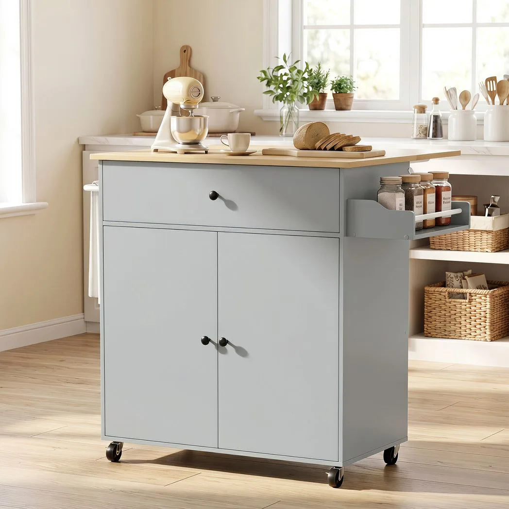 HOMCOM Rolling Kitchen Island with Drop Leaf, Drawer, Spice Rack and Towel Rack – Kitchen Storage Trolley, Grey