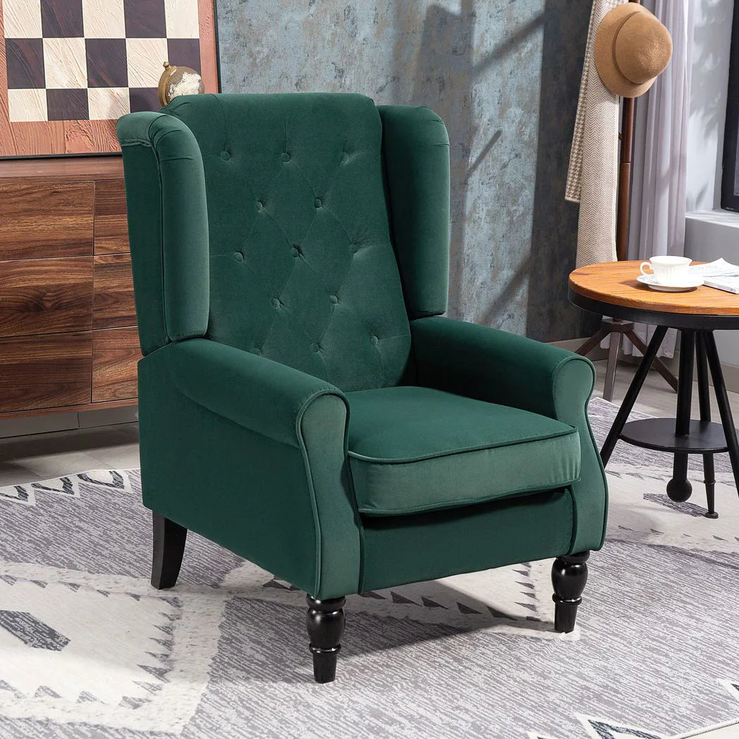 HOMCOM Wingback Accent Chair with Button Tufted Flannel Fabric & Pocket Springs – Retro Armchair, Green