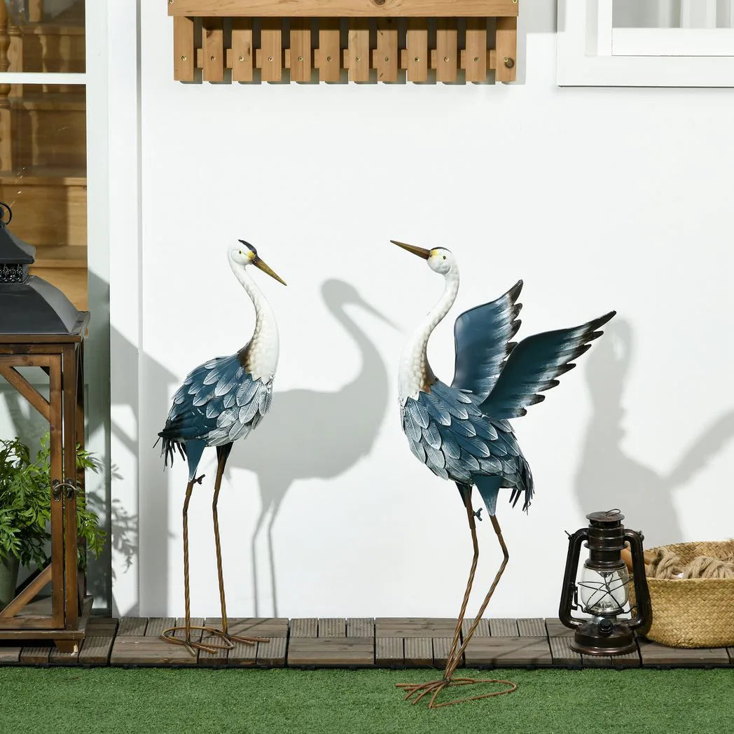Outsunny Metal Heron Garden Statues with Stakes – Blue & White