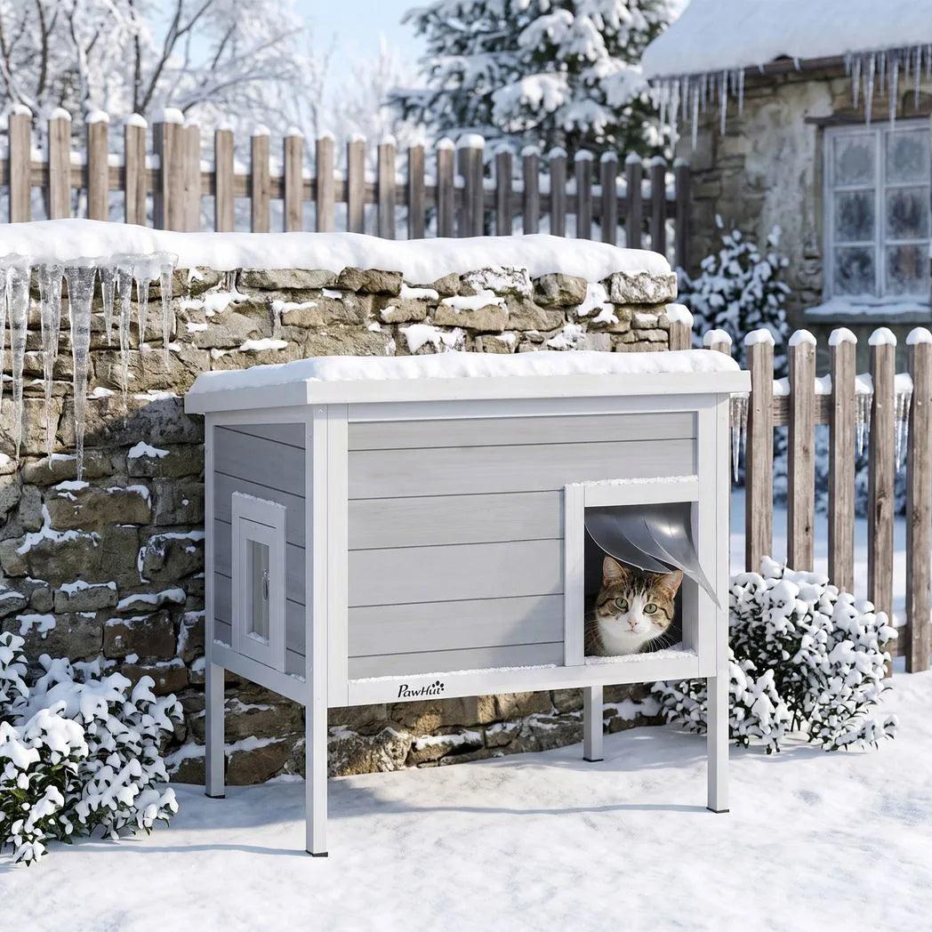 PawHut Outdoor Cat House with Removable Insulated Liner, Asphalt Roof and Escape Door – Wooden Cat Shelter