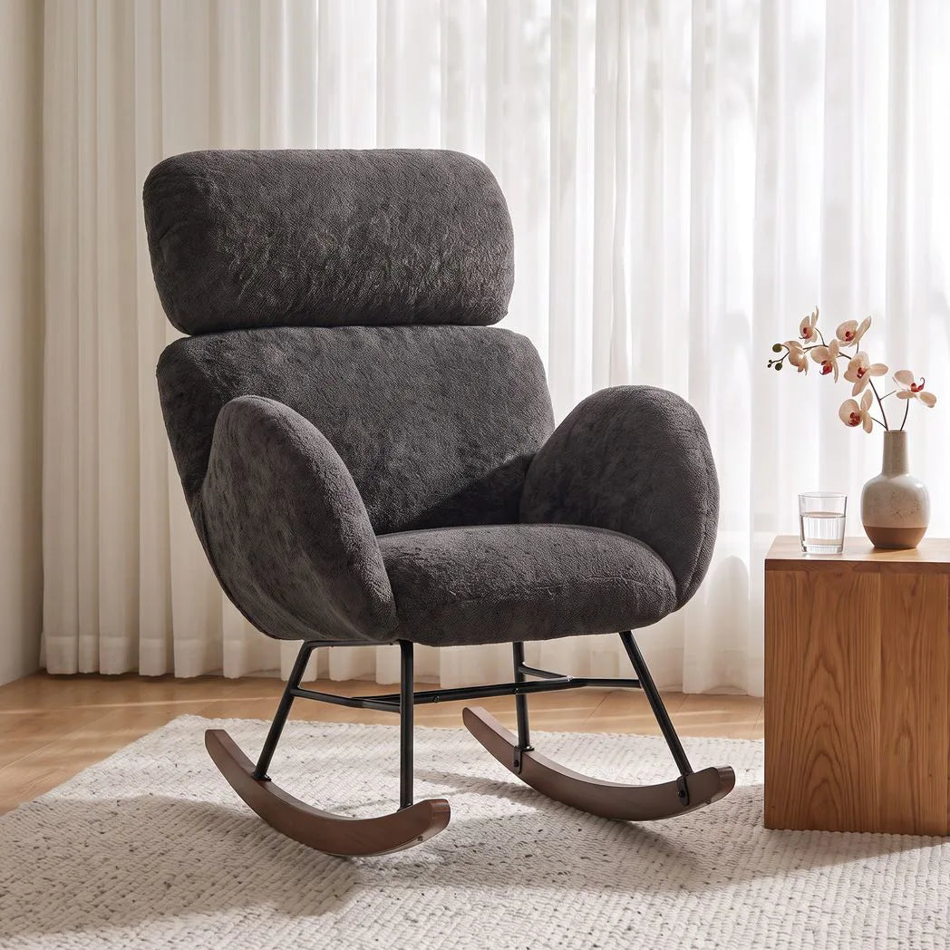 HOMCOM Upholstered Rocking Chair with Adjustable Headrest – Raindrop Velvet Rocker, Rubberwood Legs, Dark Grey