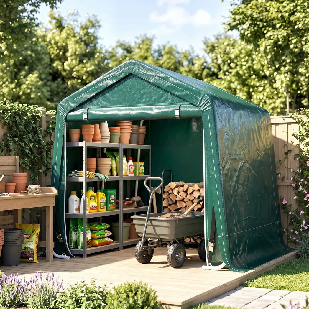 Outsunny 8 x 6.5 ft Portable Garden Storage Shed with Double Roll-up Zipper Door – Waterproof Bike Tent, Green
