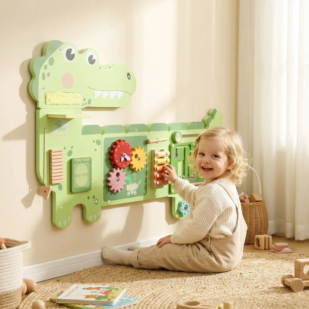 AIYAPLAY Wall Mounted Busy Board, 4 Panels with Xylophone – Montessori Inspired Toddler Learning, Green
