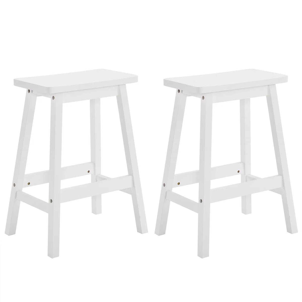 Set of 2 Pine Wood Saddle Seat Bar Stools with Footrests – Counter Height Kitchen and Home Bar Seating, White