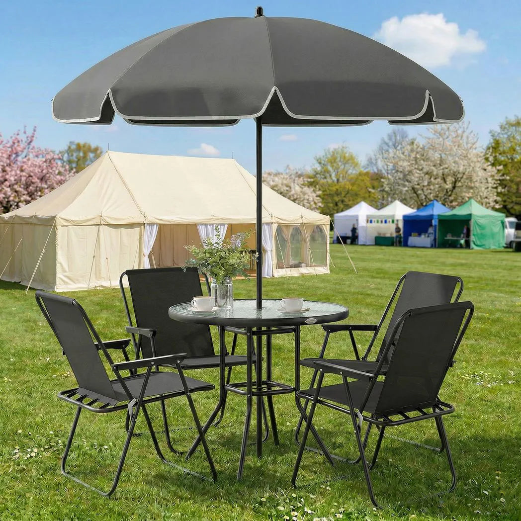 Outsunny 6 Piece Garden Dining Set for 4 with Parasol – Round Glass Table & Folding Mesh Chairs, Black