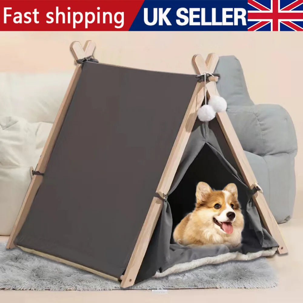 Large Pet Teepee Bed with Cushion – Canvas and Pine Igloo Play Tent for Dogs, Puppies and Cats, Grey
