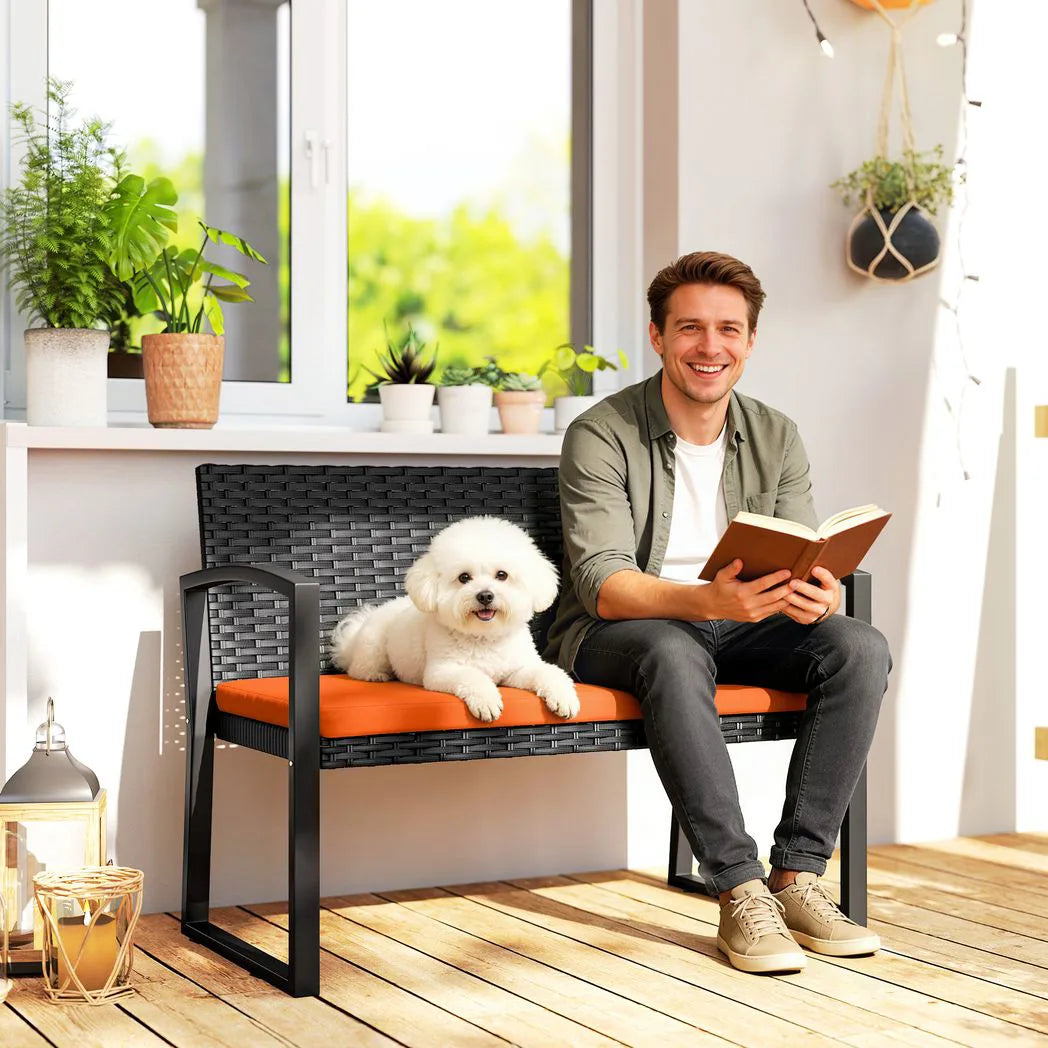 Outsunny 2 Seater Rattan Garden Bench with Padded Cushion, Orange