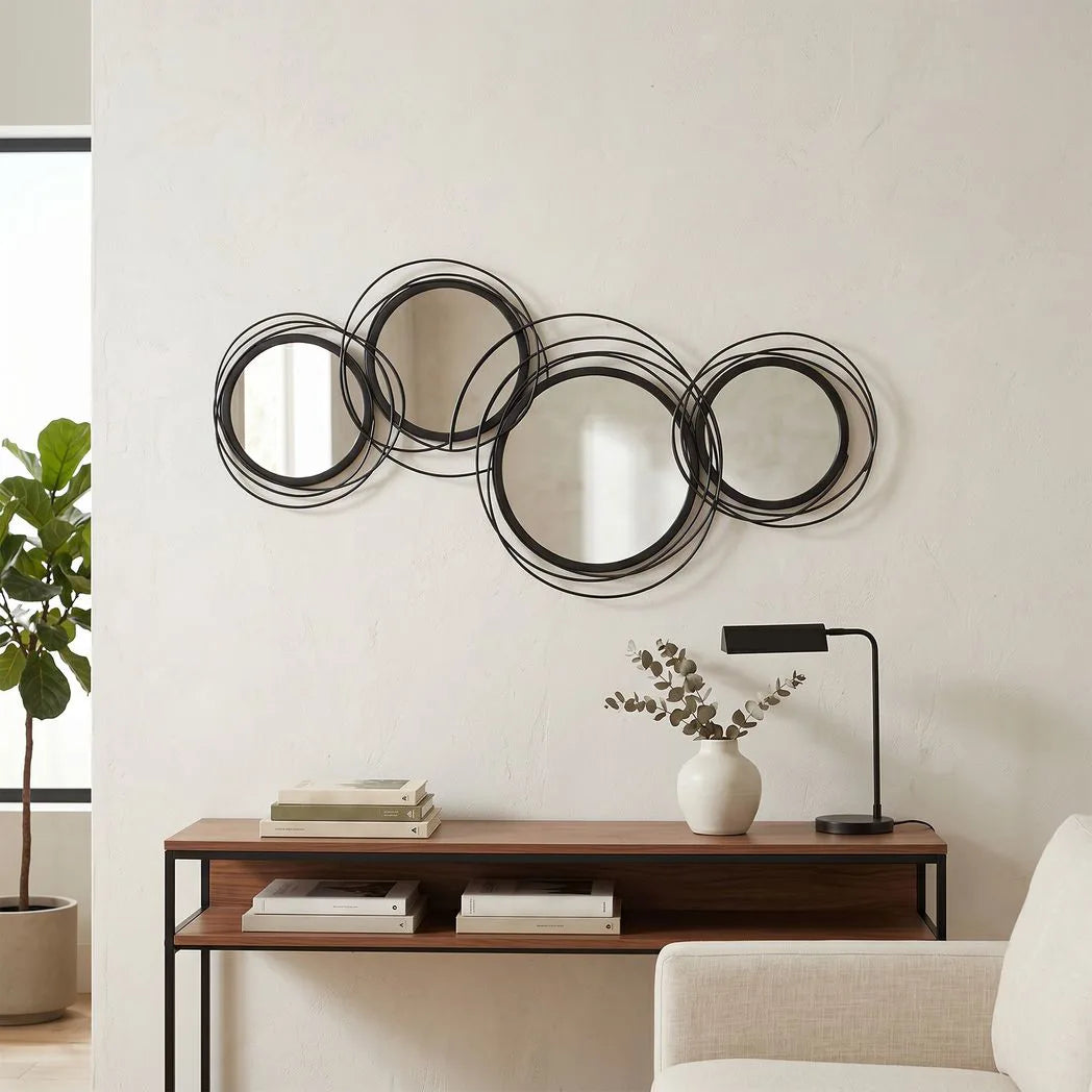 HOMCOM Metal Wall Art 56cm Modern Decorative Mirror Decor for Living Room Bedroom Dining Room, Black