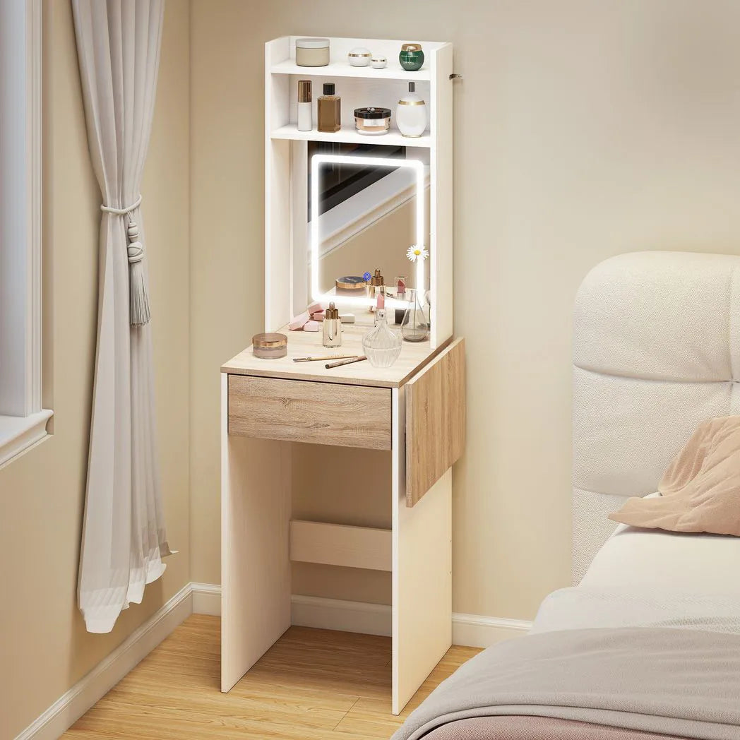 HOMCOM Small Vanity Desk with LED Mirror, Drop Leaf, Open Shelves and Drawer – Compact Dressing Table, White