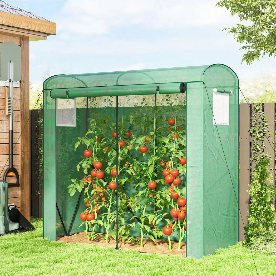 Outsunny Walk-In Mini Greenhouse with Roll-Up Door and 2 Mesh Windows, PE Cover, 200 x 75 x 188 cm, Green