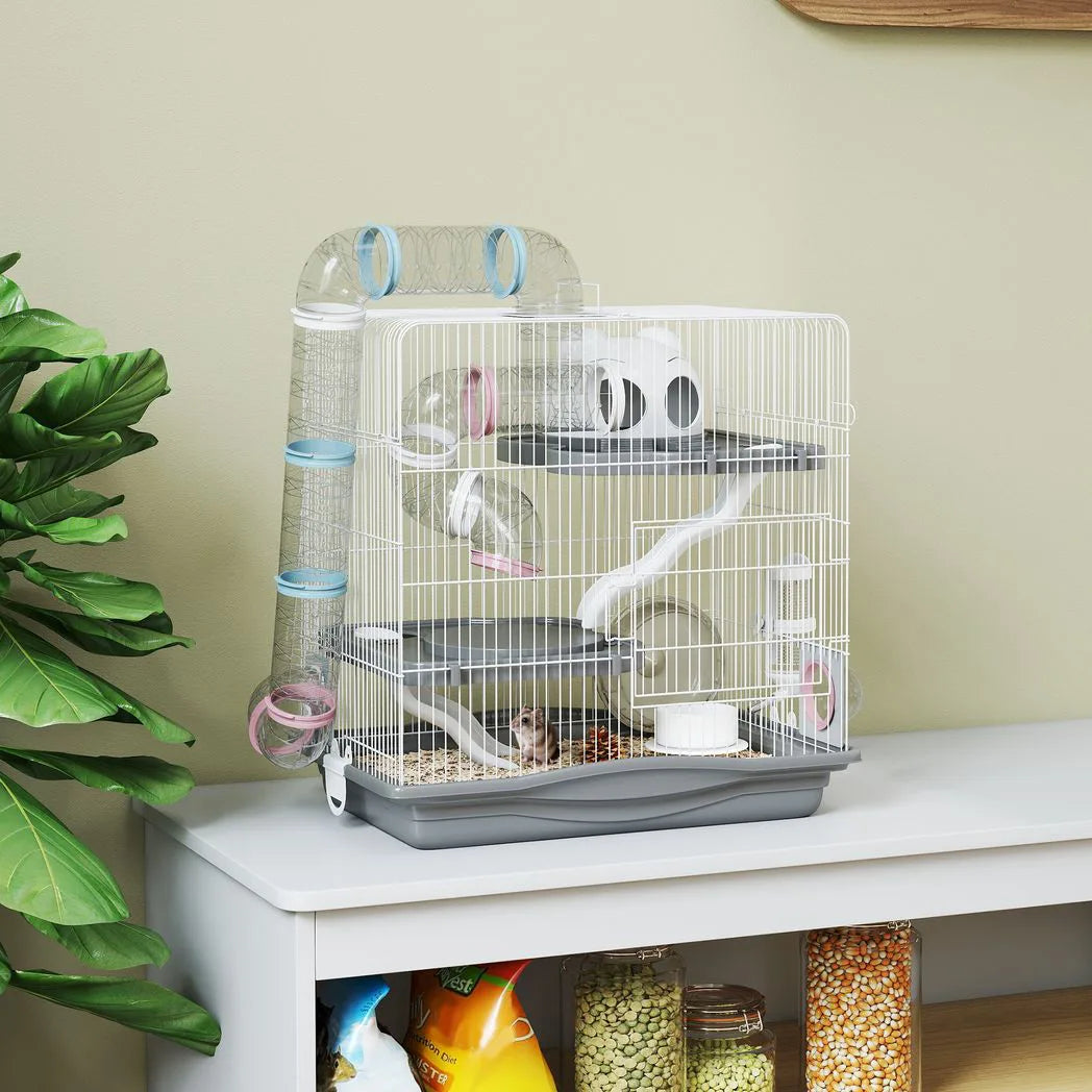 PawHut 3-Tier Hamster Cage with Exercise Wheel, Tunnels and Water Bottle – Habitat for Dwarf Hamsters, Grey