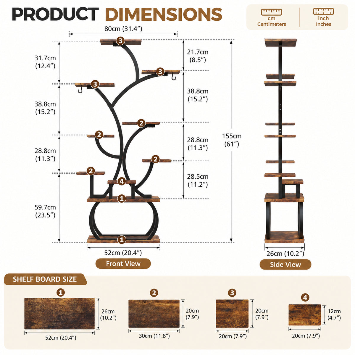 Tree-Shaped Plant Stand with 4 Grow Lights and Wheels – Black Iron & Weathered Wood Multi-Tier Rack