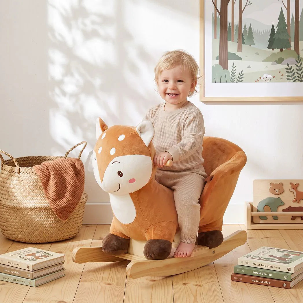 AIYAPLAY Deer Rocking Horse with Sounds, Security Belt & Rocking Stopper – Toddler Ride On, 1-3 Years, Brown