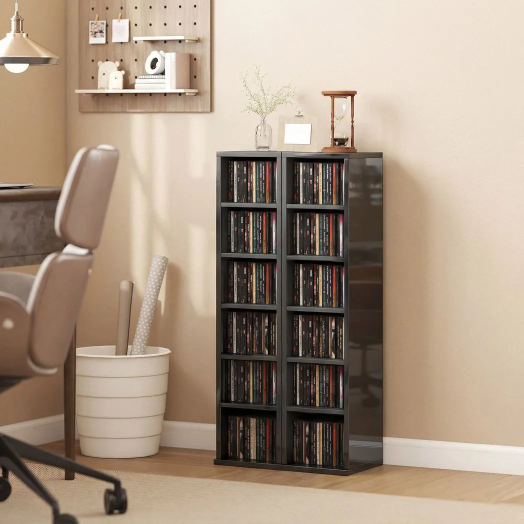 HOMCOM Set of 2 CD Media Storage Towers with Adjustable Shelves – Slim DVD and Blu-ray Display Racks, High Gloss Black