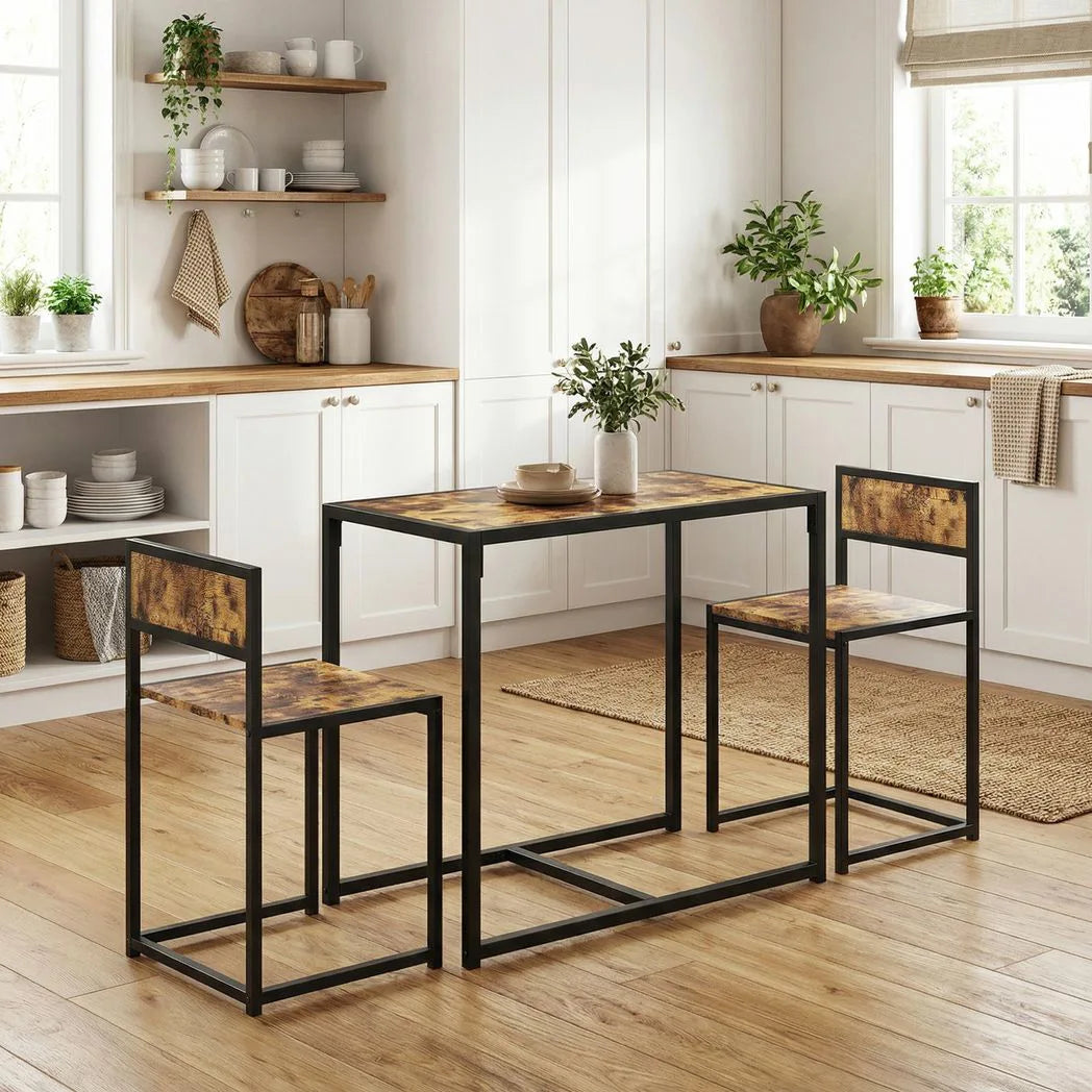 HOMCOM 3-Piece Table and Stool Set with Steel Frame – Space-Saving Dining Set for 2, Rustic Brown