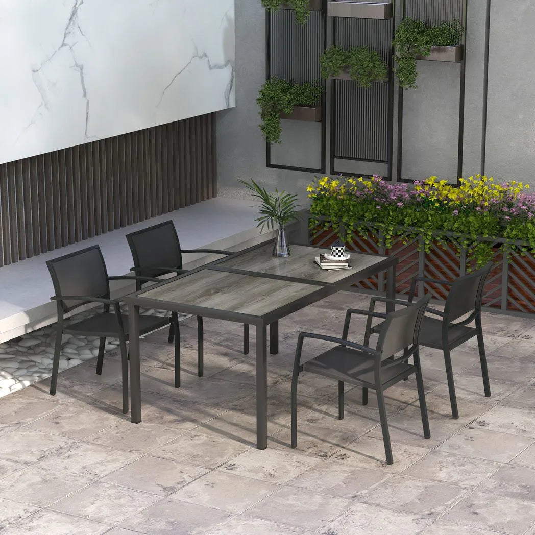 Outsunny Five-Piece Outdoor Dining Set with Wood-Effect Table and 4 Stackable Chairs – Garden Furniture, Grey