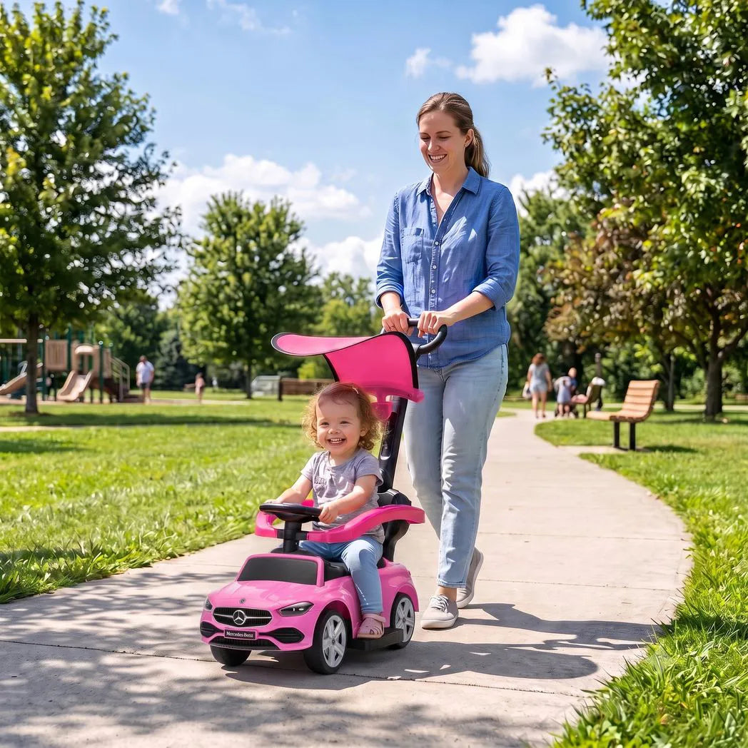 AIYAPLAY 4 in 1 Licensed Mercedes-Benz Ride On Push Car with Canopy, Guardrails, Horn and Music – 12–36 Months, Pink