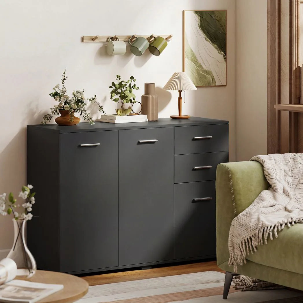 HOMCOM Modern Sideboard with 2 Drawers, 3 Doors and Adjustable Shelves – Kitchen and Dining Storage Cabinet, Black