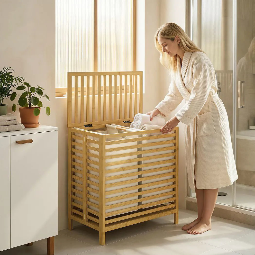 HOMCOM 64L Bamboo Laundry Basket with Lid, 2 Removable Liners – Foldable Hamper, Natural and Cream White