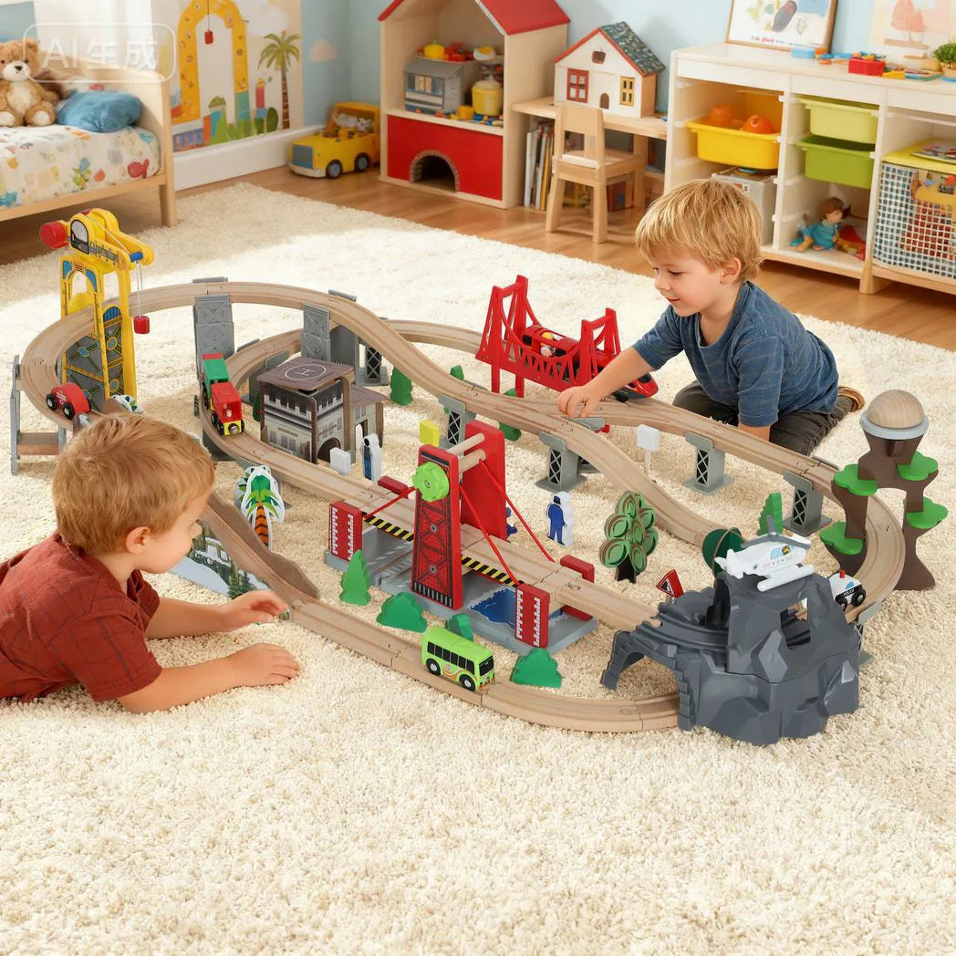 AIYAPLAY 100 Piece Wooden Train Set with Track, Crane & Battery Operated Train – Beechwood Toy, Ages 3+