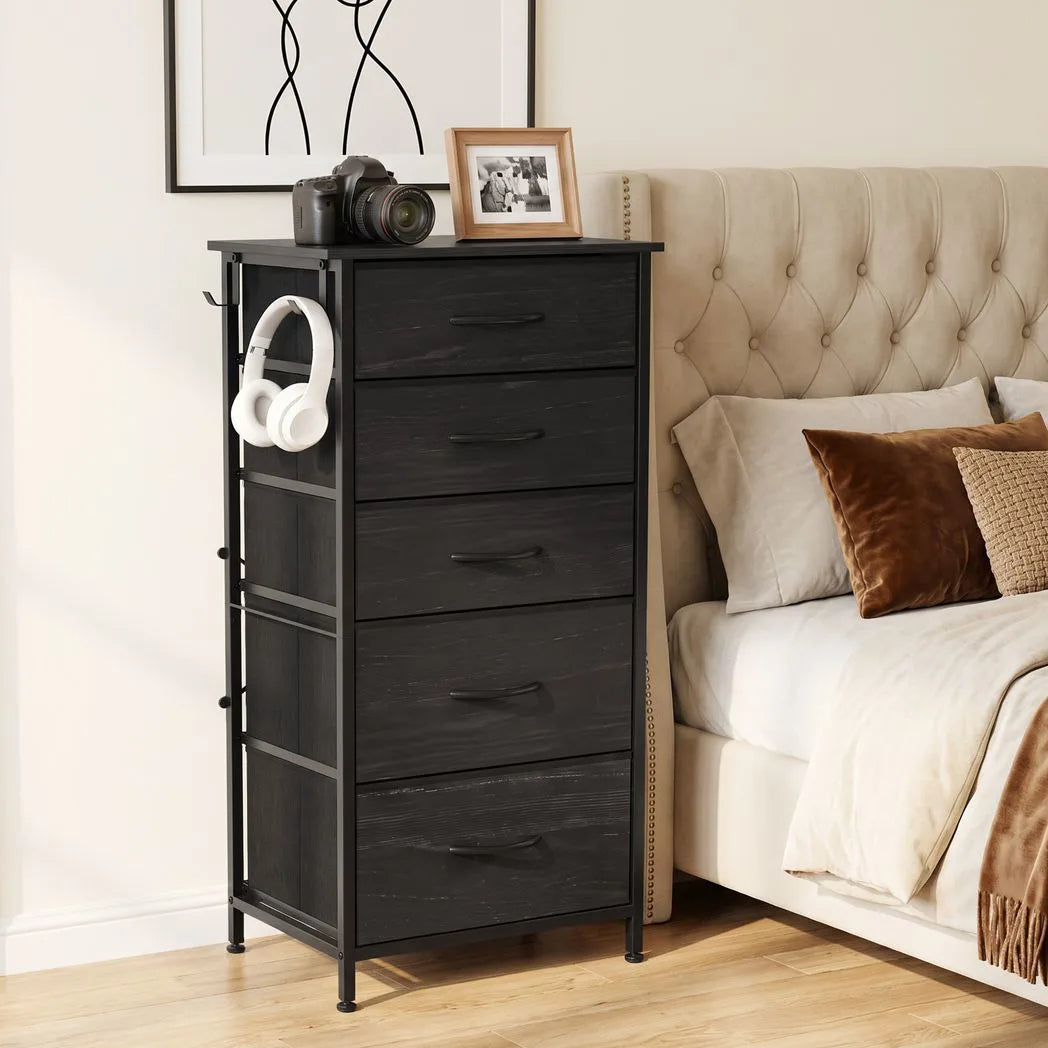 HOMCOM Chest of Drawers with 5 Fabric Drawers, 4 Pockets, 2 Hooks and Steel Frame – Tall Storage, Black