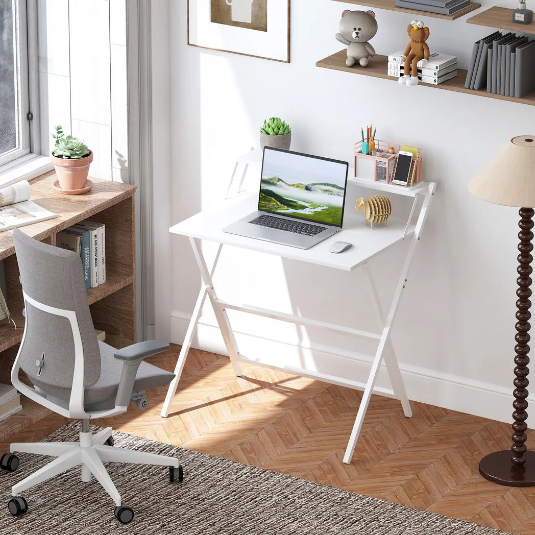 HOMCOM 81.5cm Folding Computer Desk with Monitor Shelf – Space-Saving Home Office Table, White