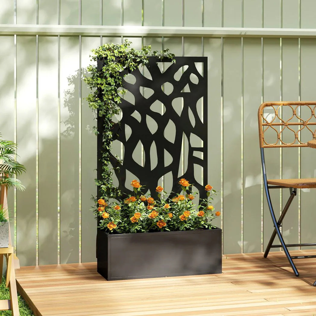 Outsunny Metal Raised Garden Bed with Trellis Privacy Screen, Planter Box for Climbing Plants, 113 x 61 x 23 cm