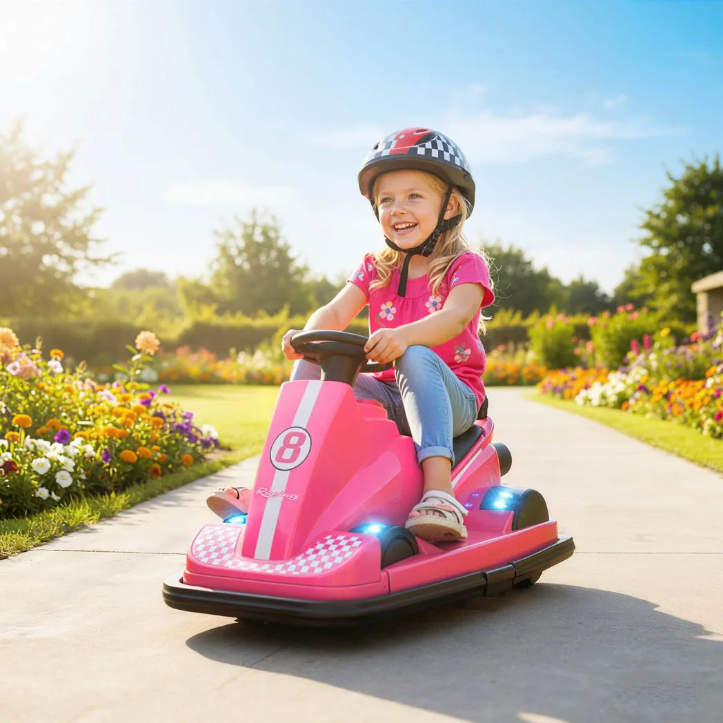AIYAPLAY Kids Electric Bumper Car with 360° Spin, LED Lights and Music – Ride On Waltzer for Ages 3-8, Pink
