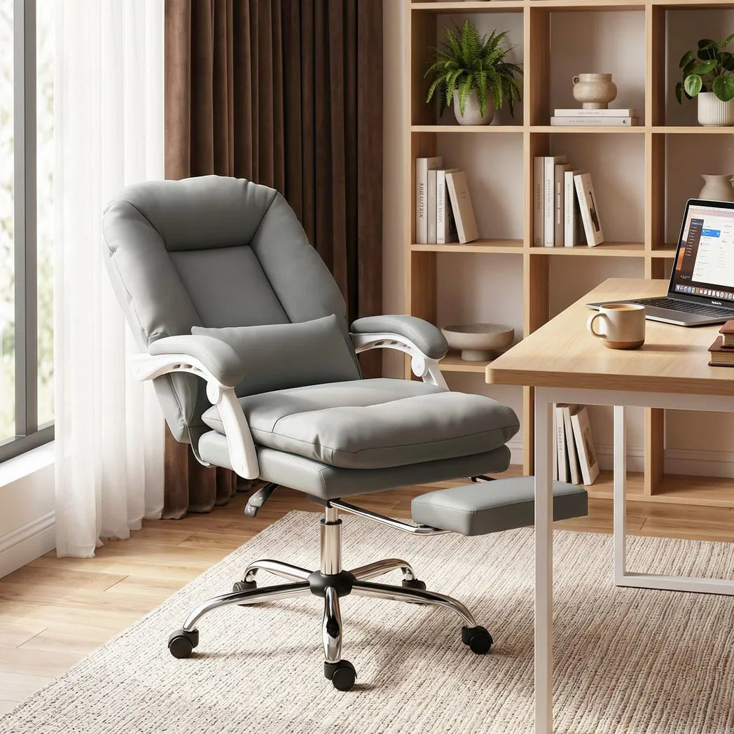 HOMCOM Ergonomic Executive Office Chair with 155° Recline, Lumbar Pillow & Footrest – PU Leather, Grey
