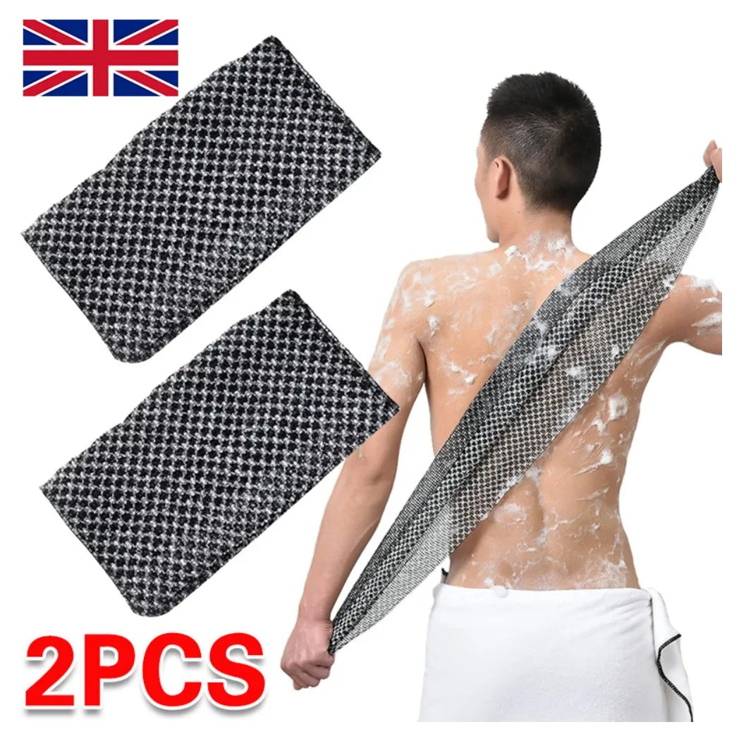 Double-Sided Exfoliating Back Scrubber Bath Towel, 25 x 100cm Body Washcloth – Set of 2, Black