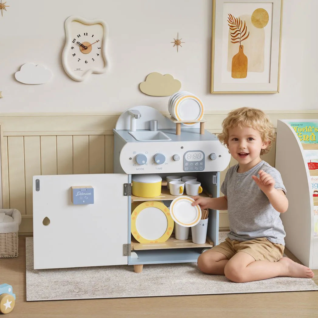 AIYAPLAY Wooden Dishwasher Playset with Faucet, Sink & 32 Accessories – Toy Kitchen Washing-Up Set