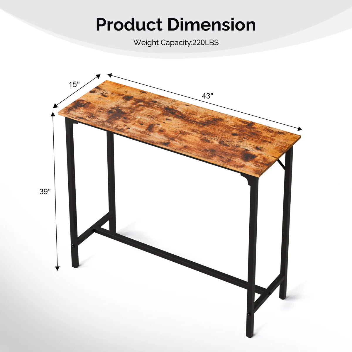 43-Inch Pub Height Bar Table with MDF Top and Iron Frame, 209 lbs Capacity – Kitchen Bar Counter, Brown
