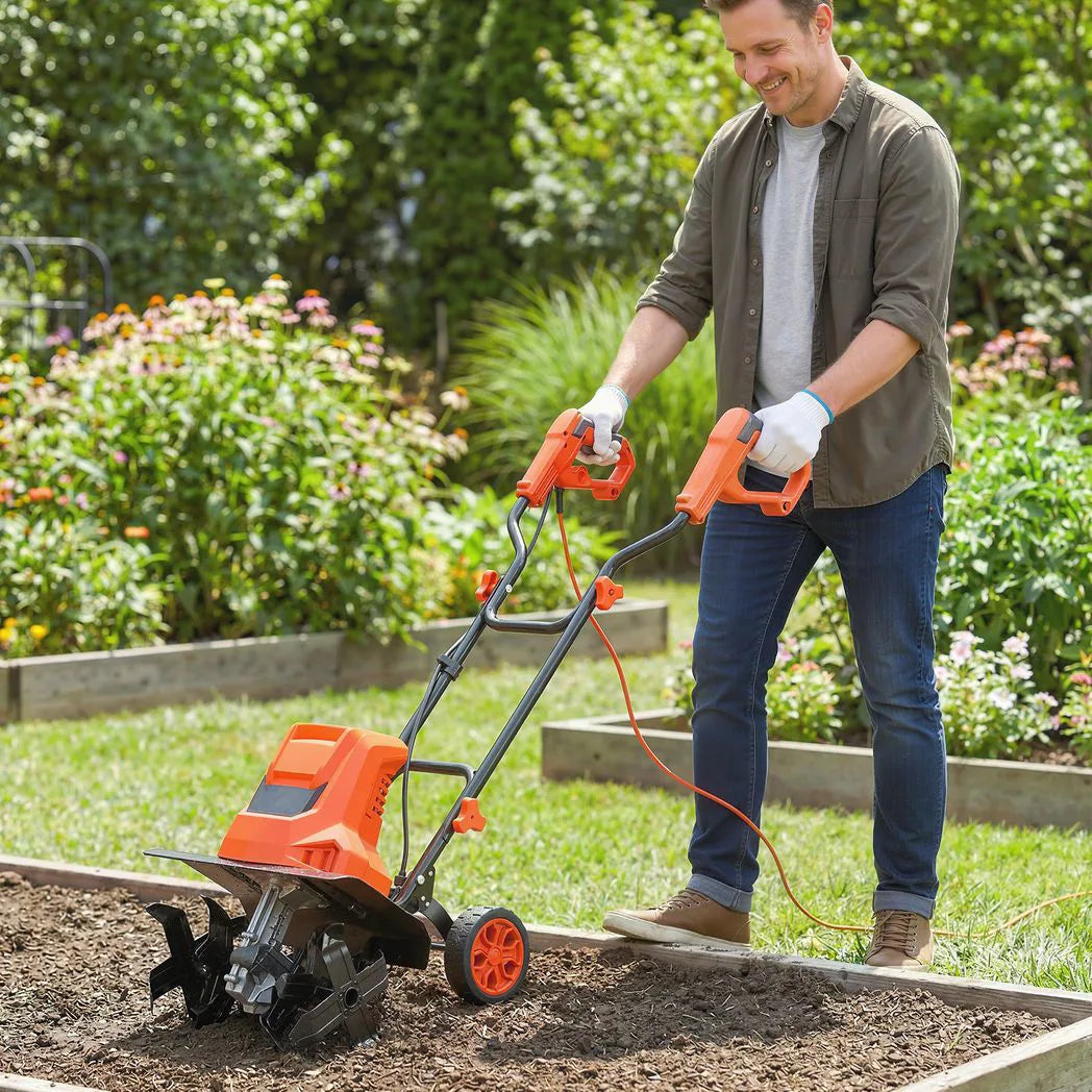Outsunny 1500W Electric Garden Tiller with Foldable Handle, 40cm Working Width, 20cm Depth, 6 Steel Blades & Adjustable Wheels
