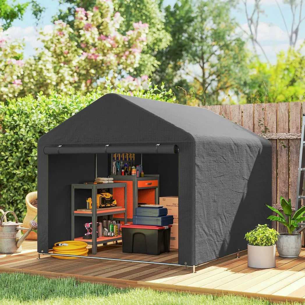 Outsunny 6.6 x 7.8ft Portable Storage Shed with Roll-Up Zipper Door – Waterproof Bike Tent, Dark Grey